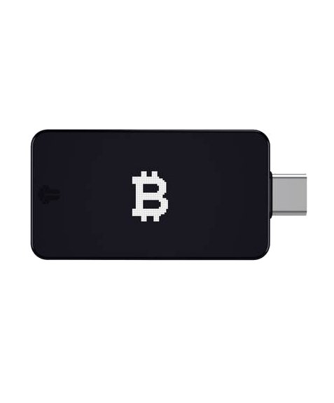 The BitBox02 showcases a sleek, minimalist design with a central white Bitcoin logo against its black surface, perfect for managing Bitcoin wallets in Australia. It includes a USB-C connector on the right side for connecting with compatible devices. The glossy finish subtly reflects light.