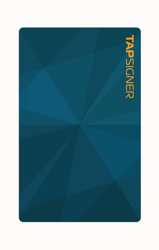 The Tapsigner card showcases a dark blue design with geometric, starburst patterns in different shades of blue. It features "TAPSIGNER" written vertically in orange on the right side against a light gray background, creating a striking contrast. This design is highly popular among Bitcoin wallet enthusiasts in cities such as Sydney and Melbourne.