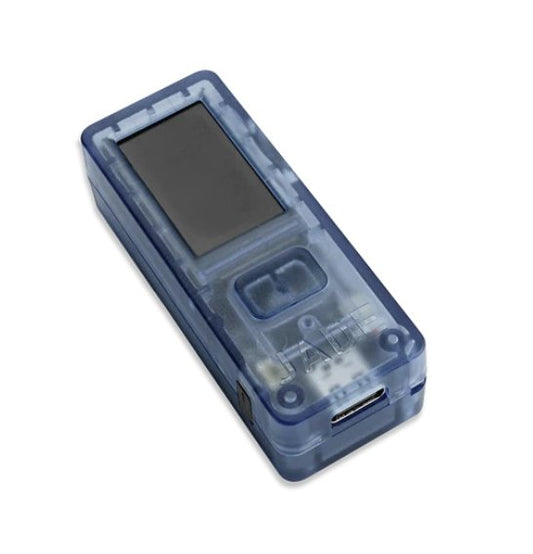 Introducing the Blockstream Jade, a compact, rectangular electronic device boasting a sleek and transparent blue plastic casing. This innovative gadget features a rectangular black screen alongside visible internal components. Ideal for tech enthusiasts in Sydney and Melbourne who are on the lookout for cutting-edge technology. It also includes a USB port conveniently located on the side.